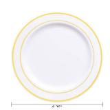 bUCLA 100Pieces Gold Plastic Plates - 6.25inch White with Gold Rim Disposable SaladDessertAppetizerSmall Cake Plates Premium Hard - Ideal for Wedding, Party and Thanksgiving - Retail: $28