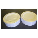bUCLA 100Pieces Gold Plastic Plates - 6.25inch White with Gold Rim Disposable SaladDessertAppetizerSmall Cake Plates Premium Hard - Ideal for Wedding, Party and Thanksgiving - Retail: $28