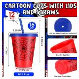12 Pcs 16 oz Spider Cups Bulk, Spider Birthday Party Favors Cups with Lids and Straws, Plastic Cup for Birthday Party Decorations Celebration Birthdayy Partty Favor Supplies for Son Daughter Friends