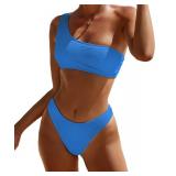 YIMISAN Womens Bikini Sets One Shoulder Top with Low Waisted Tankini Two Piece Bathing Suit Blue Large - Retail: $29