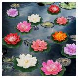 Happy Trees 12 Pcs Artificial Floating Foam Lotus Flower with Water Lily Pad, Lifelike Ornanment Home Garden Pond Decor Indian Decorations Return Gifts - Retail: $14
