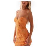 calbatic Women Sequin Sparkly Rhinestone Mini Dress Sleeveless Backless Deep V Neck Glitter Short Cami Dress Party Clubwear Orange Small - Retail: $48