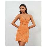 calbatic Women Sequin Sparkly Rhinestone Mini Dress Sleeveless Backless Deep V Neck Glitter Short Cami Dress Party Clubwear Orange Small - Retail: $48