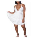 SweatyRocks Womenfts Ruffle V Neck Mini Dress Sleeveless Criss Cross Frill A Line Cami Dresses White X-Large - Retail: $41
