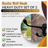ALWORG Rustic Wall Hooks: Heavy Duty Cast Iron Hooks, Set of 2, Black, Suitable for Bags, Coats, Towels, and Hats; Farmhouse Decorative, Antique Style - Retail: $10