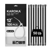 Zip Ties 12 inch (100 Pack), Black, 50 lb, UV Resistant Cable Ties for indoor and outdoor use, by Karoka - Retail: $5
