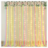 Rainbow Tulle Backdrop Curtain with Lights String 10x8ft Rainbow Sheer Backdrop Curtains for Girls Birthday Party Baby Shower Photo Shoot Background Decorations - Retail: $27