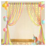 Rainbow Tulle Backdrop Curtain with Lights String 10x8ft Rainbow Sheer Backdrop Curtains for Girls Birthday Party Baby Shower Photo Shoot Background Decorations - Retail: $27
