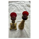 Brass Candlesticks with Ruby Glass Votive Holders - Retail: $45