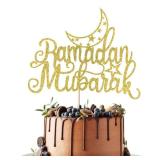 FACTORY SEALED - Leetaivie Gold Glitter Cake Topper, Eid Theme, Ramadan Party Decorations, 5.5x5.7 inches, 1 Count