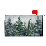 (UNUSED) Winter Watercolor Tree Magnetic Mailbox Cover Standard Size 21x18 Inch Christmas Dark Green Pine Trees Mail Box Post Cover Rustic Forest Red Bird Letter Box Wraps for Home Outdoor Garden Yard