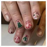 FACTORY SEALED - Christmas Nude Press on Nails Square Fake Nails Extra Short Acrylic Nails Glossy Tree Deer Snowman Candy Cane Design Stick on Nails Full Cover Glue on Nails Cute Winter Nails for Wome