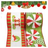FACTORY SEALED - Threetols 2 Rolls 10 Yards Christmas Wired Edge Ribbons, 2.5inch Red Green Stripe Burlap Ribbons,Xmas Candy Elf Ribbon for Winter Christmas DIY Craft Wreath Bow Decor