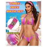 EHSUYAB Womens Sexy Triangle Metallic Bikini Set, Crystal Rhinestone Headband Halter Swimsuit, Cheeky Tie Ruched Bathing Suit Iridescent Pink Medium - Retail: $37