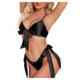 RSLOVE Women Sexy Lingerie Set Satin Bow Tie 2 Piece Bra and Panty Sets Black S - Retail: $28