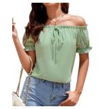 Aupuls Summer Puff Sleeve Blouse Off Shoulder Casual Tops for Women Going Out AUPT030 Sage Green L - Retail: $20