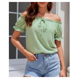 Aupuls Summer Puff Sleeve Blouse Off Shoulder Casual Tops for Women Going Out AUPT030 Sage Green L - Retail: $20