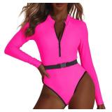 Neon Swimsuit for Women High Cut Tummy Control Rash Guard 80s 90s Outfit One Piece Long Sleeve Swimsuits Bathing Suits Surfing Zipper UPF 50+ Hot Pink 6-8 - Retail: $13