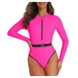 Neon Swimsuit for Women High Cut Tummy Control Rash Guard 80s 90s Outfit One Piece Long Sleeve Swimsuits Bathing Suits Surfing Zipper UPF 50+ Hot Pink 6-8 - Retail: $13