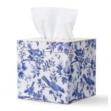 GlikCeil Blue and White Tissue Box Cover Wooden Floral Bird Vintage Square Tissue Box Holder for Bedroom Bathroom Office Desk Countertop Modern Farmhouse Decor, 6 x 6 x 6 Inch - Retail: $19