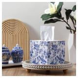 GlikCeil Blue and White Tissue Box Cover Wooden Floral Bird Vintage Square Tissue Box Holder for Bedroom Bathroom Office Desk Countertop Modern Farmhouse Decor, 6 x 6 x 6 Inch - Retail: $19