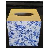 GlikCeil Blue and White Tissue Box Cover Wooden Floral Bird Vintage Square Tissue Box Holder for Bedroom Bathroom Office Desk Countertop Modern Farmhouse Decor, 6 x 6 x 6 Inch - Retail: $19