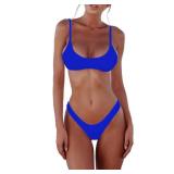 SherryDC Womenfts Solid Scoop Neck Push Up Padded Brazilian Thong Bikini Swimsuit,Dark Blue,(US 2-4) S - Retail: $26