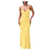 HOCILLE Womenfts Sexy V Neck Backless Bodycon Spaghetti Strap Elegant Ruffle Maxi Cocktail Party Dresses, X-Small, Yellow - Retail: $48