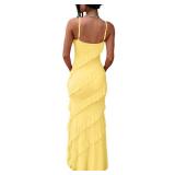HOCILLE Womenfts Sexy V Neck Backless Bodycon Spaghetti Strap Elegant Ruffle Maxi Cocktail Party Dresses, X-Small, Yellow - Retail: $48