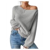 SKAYS Womens Off The Shoulder Sweater Asymmetrical Neck Fall Ribbed Knit Long Sleeve Pullover Sweaters Lightweight Tops Grey S - Retail: $36