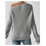 SKAYS Womens Off The Shoulder Sweater Asymmetrical Neck Fall Ribbed Knit Long Sleeve Pullover Sweaters Lightweight Tops Grey S - Retail: $36