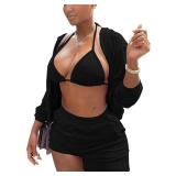 MOEENCN Women Sweatsuits Sets 3 Piece Outfits, Velvet Tracksuit Long Sleeve Hooded Zipper Jacket and Velvet Shorts Send Bra Black M - Retail: $40
