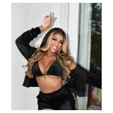 MOEENCN Women Sweatsuits Sets 3 Piece Outfits, Velvet Tracksuit Long Sleeve Hooded Zipper Jacket and Velvet Shorts Send Bra Black M - Retail: $40