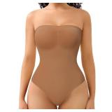 Miguofan Strapless Shapewear Bodysuit for Women Tummy Control, Seamless Tube Top Bodysuit Body Shaper Off Shoulder Leotard (Brown-thong style, Small) - Retail: $18