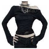 Womenfts Off Shoulder Goth Crop Top Mesh Patchwork Long Sleeve Blouses Black Gothic T Shirts Slim Boat Neck Y2k Outfits Medium  - Retail: $28