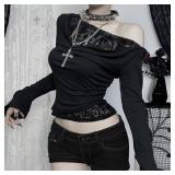 Womenfts Off Shoulder Goth Crop Top Mesh Patchwork Long Sleeve Blouses Black Gothic T Shirts Slim Boat Neck Y2k Outfits Medium  - Retail: $28
