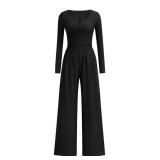 PRETTYGARDEN Jumpsuits for Women Dressy Casual 2025 Fall One Piece Outfits Long Sleeve Wide Leg Pants Romper Fashion Clothing (Black,XX-Large) - Retail: $32
