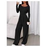 PRETTYGARDEN Jumpsuits for Women Dressy Casual 2025 Fall One Piece Outfits Long Sleeve Wide Leg Pants Romper Fashion Clothing (Black,XX-Large) - Retail: $32