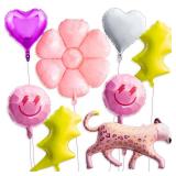 Wood Homing 8PCS 18 Inch Smile Party Helium Balloons Pink Leopard Heart Smile Face Preepy Theme Birthday Party Decorations Yellow Lightning Balloons for Wedding Decor Event Supplies - Retail: $10