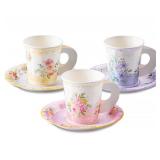 HOMIX 24 Paper Tea Cups and Plates, 7 OZ Disposable Paper Teacups and Saucer Sets for Hot and Cold Drinks for Birthday, Princess, Floral, Tea Party Decorations - Retail: $13