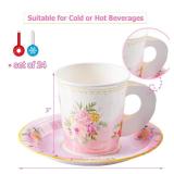 HOMIX 24 Paper Tea Cups and Plates, 7 OZ Disposable Paper Teacups and Saucer Sets for Hot and Cold Drinks for Birthday, Princess, Floral, Tea Party Decorations - Retail: $13