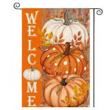 AVOIN colorlife Pumpkin Fall Garden Flag 12x18 Inch Double Sided Outside, Welcome Wood Grain Autumn Yard Outdoor Flag - Retail: $9