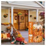 AVOIN colorlife Pumpkin Fall Garden Flag 12x18 Inch Double Sided Outside, Welcome Wood Grain Autumn Yard Outdoor Flag - Retail: $9