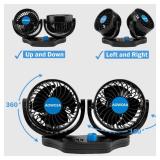 Car Fans 12V Electric Cooling Rear Seat Headrest Vehicle Fan with Cigarette Lighter Plug 2 Speed, 360 Degree Adjustable Dual Head Automobile Fan for Truck Van SUV RV Boat Auto - Retail: $10