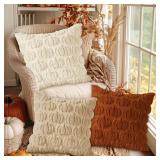 Benjia Fall 14x14 Throw Pillow Covers Set of 2, Autumn Pumpkin Throw Pillow Cases Soft Plush Faux Fur Wool 14 x 14 Autumn Cushion Cover for Indoor Home Bedroom Chair Couch Sofa Decor (Cream White) - R