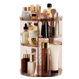 Rotating Makeup Organizer Countertop, DIY Adjustable Trays Spinning Skincare Organizers, Cosmetic Display Shelf with Perfume and Brush Holder, Multi-Function Desk Storage Carousel for Vanity Bathroom 