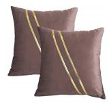 Gyulin Pack of 2,18x18 Inch Velvet Boho Throw Pillow Covers with Gold Leather Striped Stitching Modern Minimalist Square Pillowcase Cushion Covers for Bedroom Sofa Couch Living Room, Brown - Retail: $