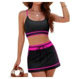 Blooming Jelly Womenfts High Waisted Bikini Sets Sporty Two Piece Bathing Suits Color Block Swim Skirt(Medium,Black Pink) - Retail: $30