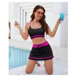 Blooming Jelly Womenfts High Waisted Bikini Sets Sporty Two Piece Bathing Suits Color Block Swim Skirt(Medium,Black Pink) - Retail: $30