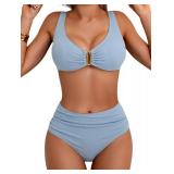 Eomenie Bikini Sets for Women High Waisted Two Piece Bathing Suit U Wired V Neck Swimsuit Adjustable Straps Swimwear Medium  - Retail: $36